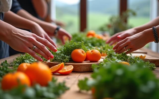 제주 비건 쿠킹 클래스 참가자들이 요리하는 모습