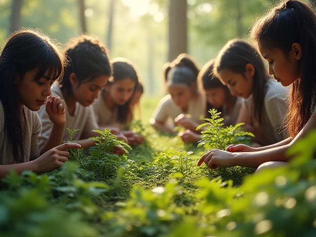 숲속에서 참가자들이 고사리나 나뭇가지에서 자연의 프랙탈 구조를 찾아보는 모습