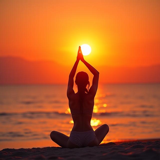 해변에서 석양을 바라보며 요가하는 여성