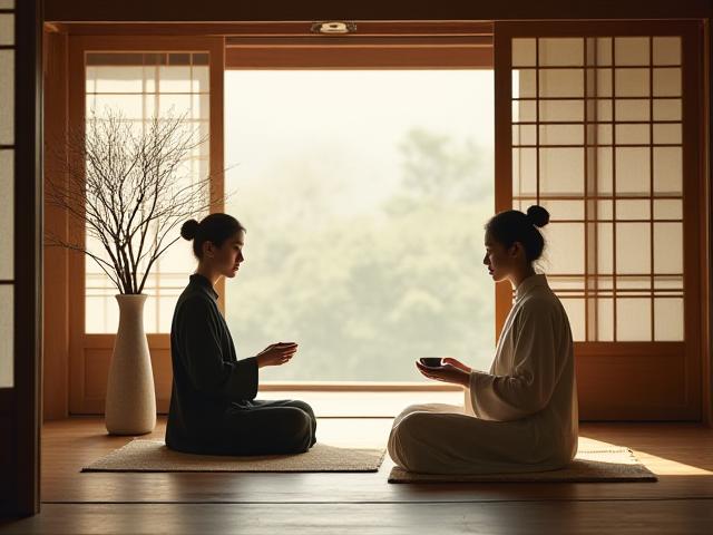 경주 고즈넉한 한옥에서 차를 마시며 명상하는 모습